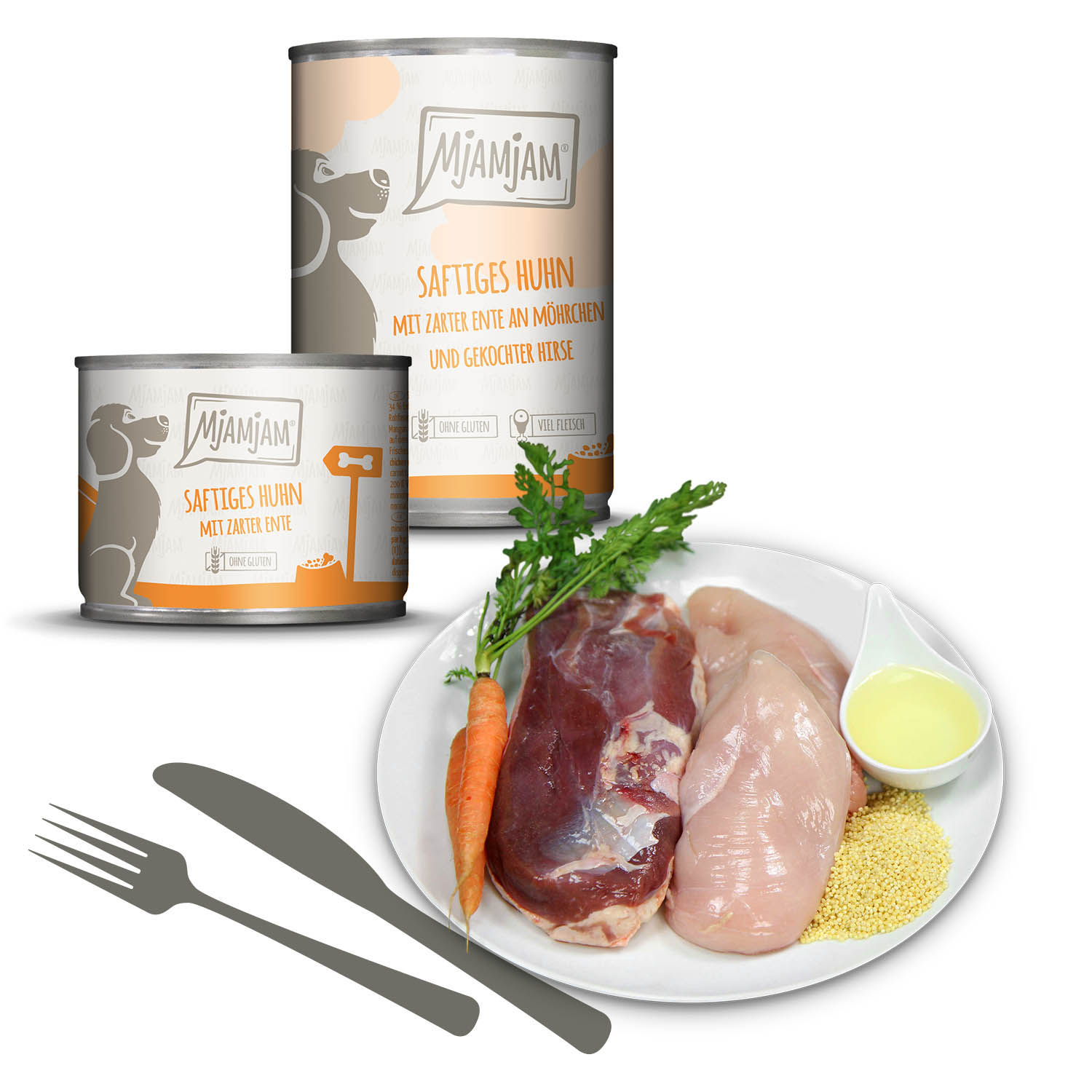 MjAMjAM saftiges Huhn mit zarter Ente an Möhrchen und gekochter Hirse, 200g